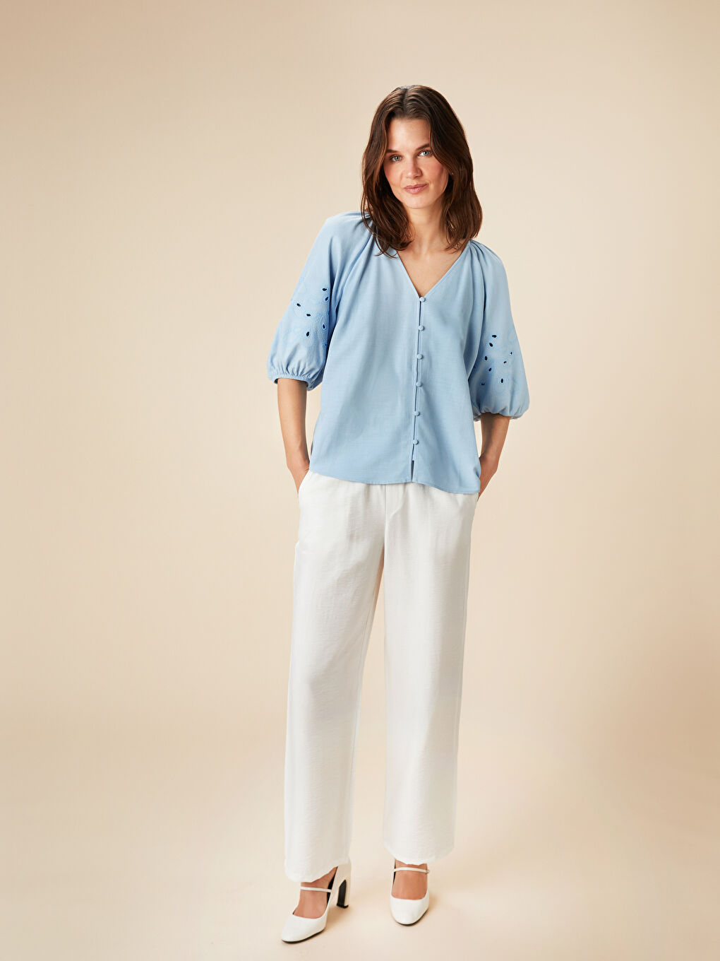 LCW Comfort Ekru Beli Lastikli Kadın Pantolon