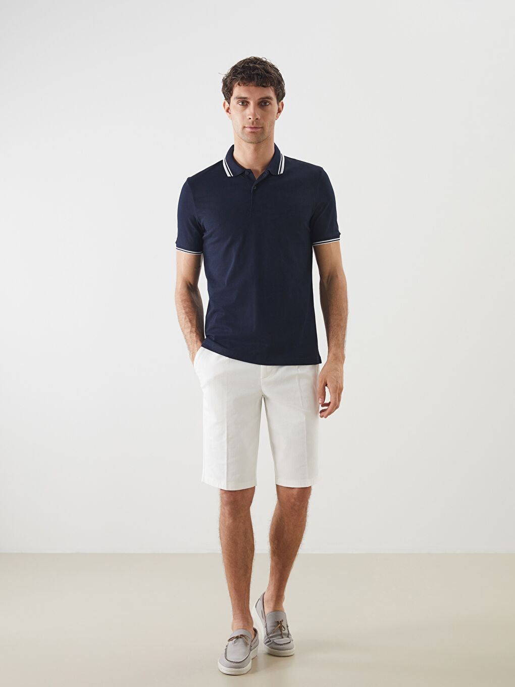 Lacivert Polo Yaka Kısa Kollu Pike Erkek Tişört-1