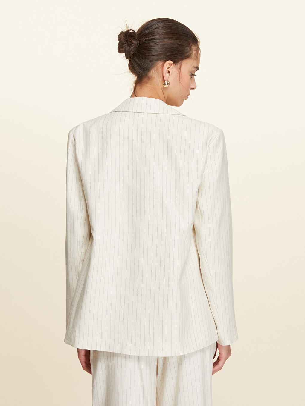 Bej Çizgili Keten Karışımlı Kadın Blazer Ceket-3