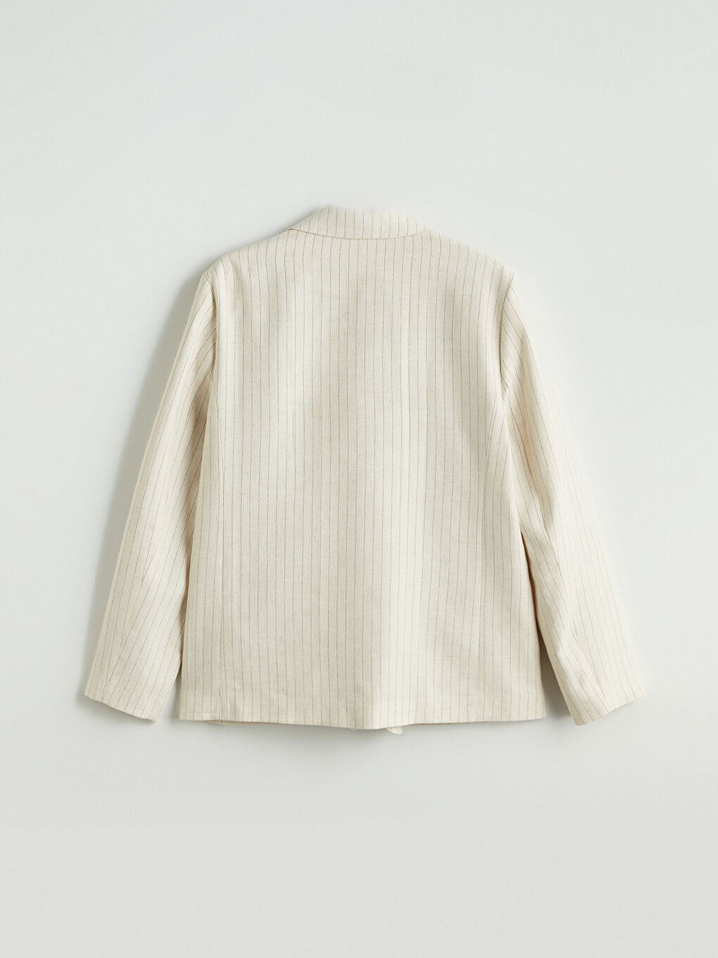 Bej Çizgili Keten Karışımlı Kadın Blazer Ceket-6