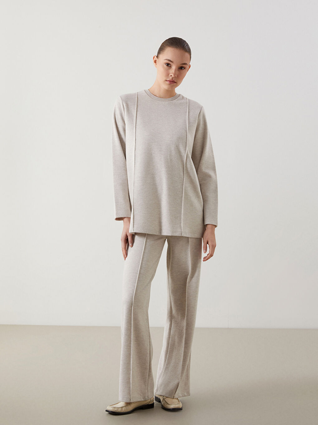 Bej Bisiklet Yaka Kadın Tunik-1