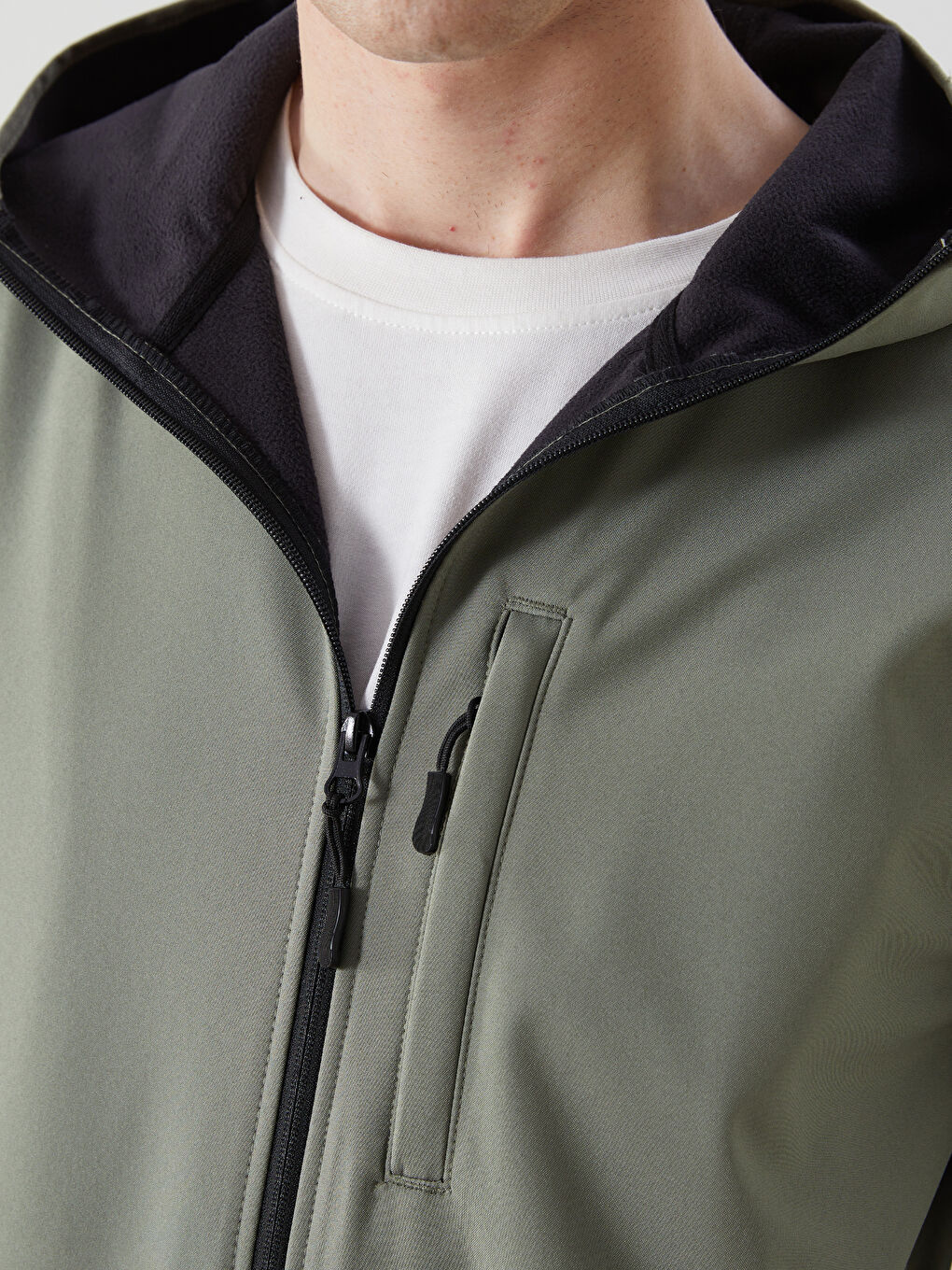 Haki Standart Kalıp Kapüşonlu Erkek Mont-3