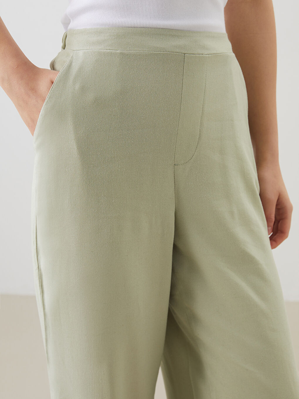 Haki Beli Lastikli Keten Karışımlı Kadın Pantolon-2