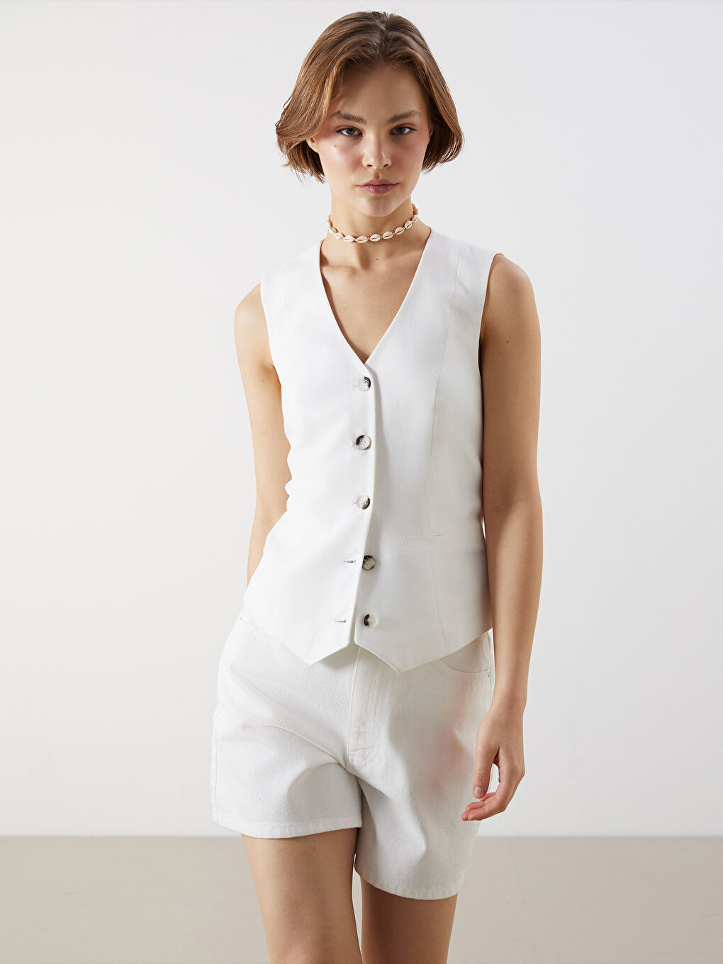 V-Neck Linen Blend Women's Waistcoat -S5LT26Z8-Q6K