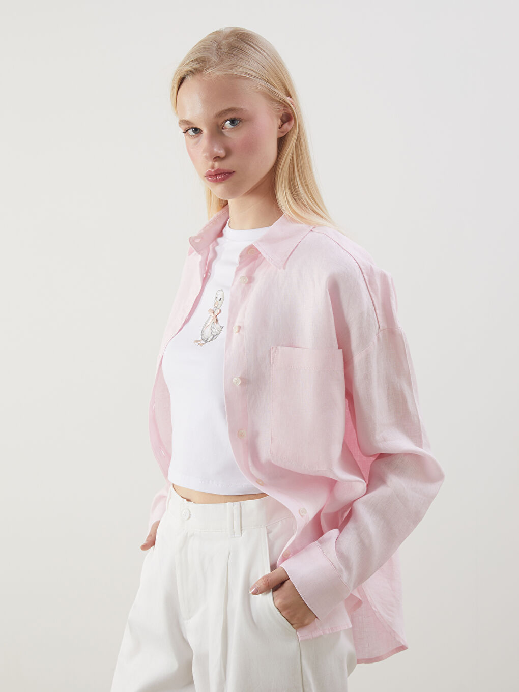XSIDE Pembe Oversize Keten Kadın Gömlek