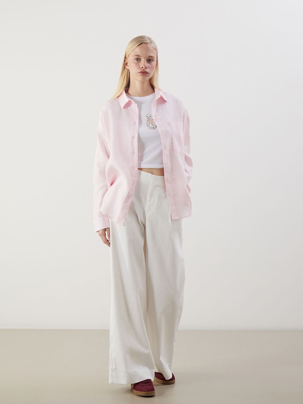 XSIDE Pembe Oversize Keten Kadın Gömlek - 1