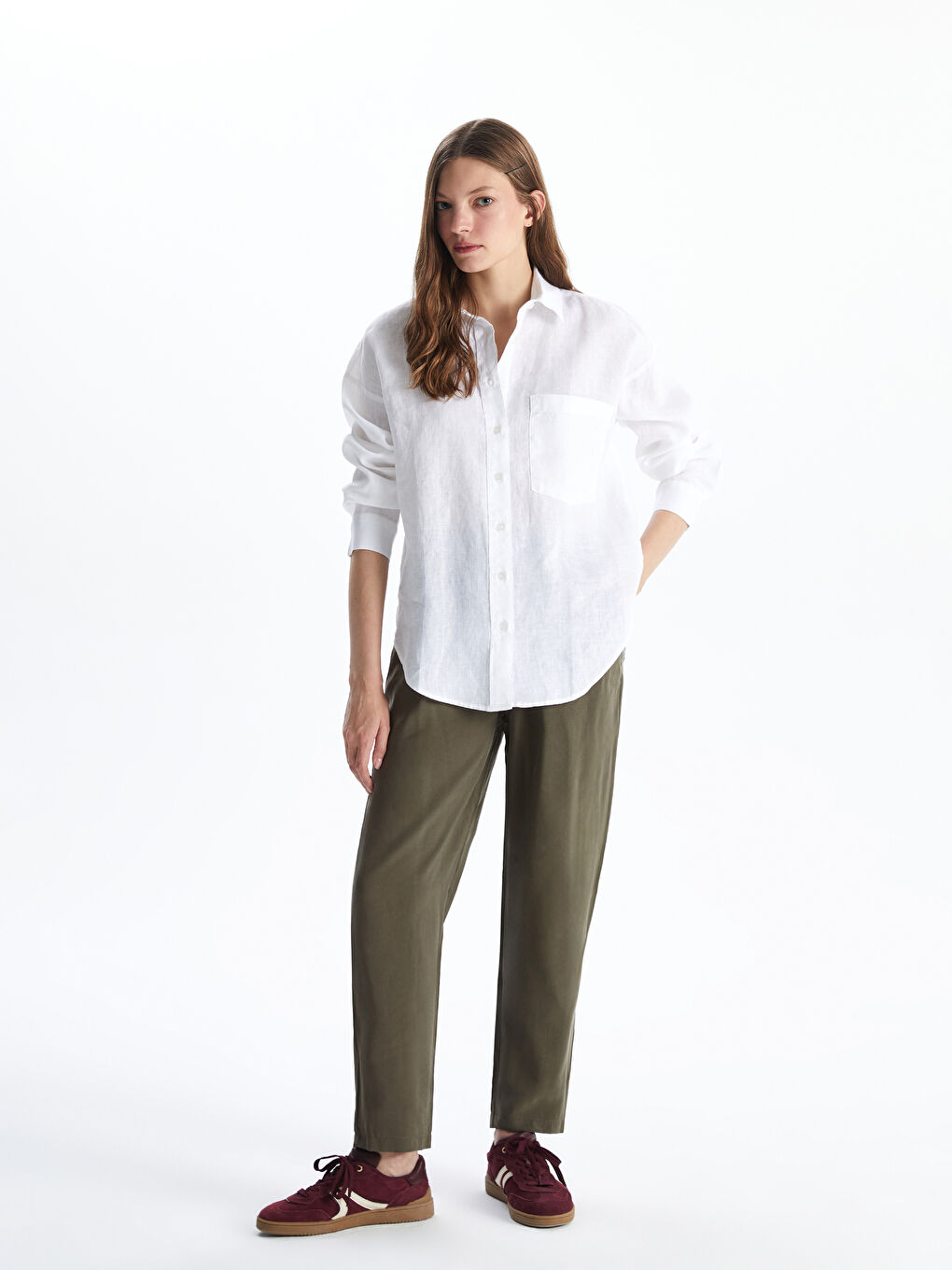 Beyaz Oversize %100 Keten Kadın Gömlek-1