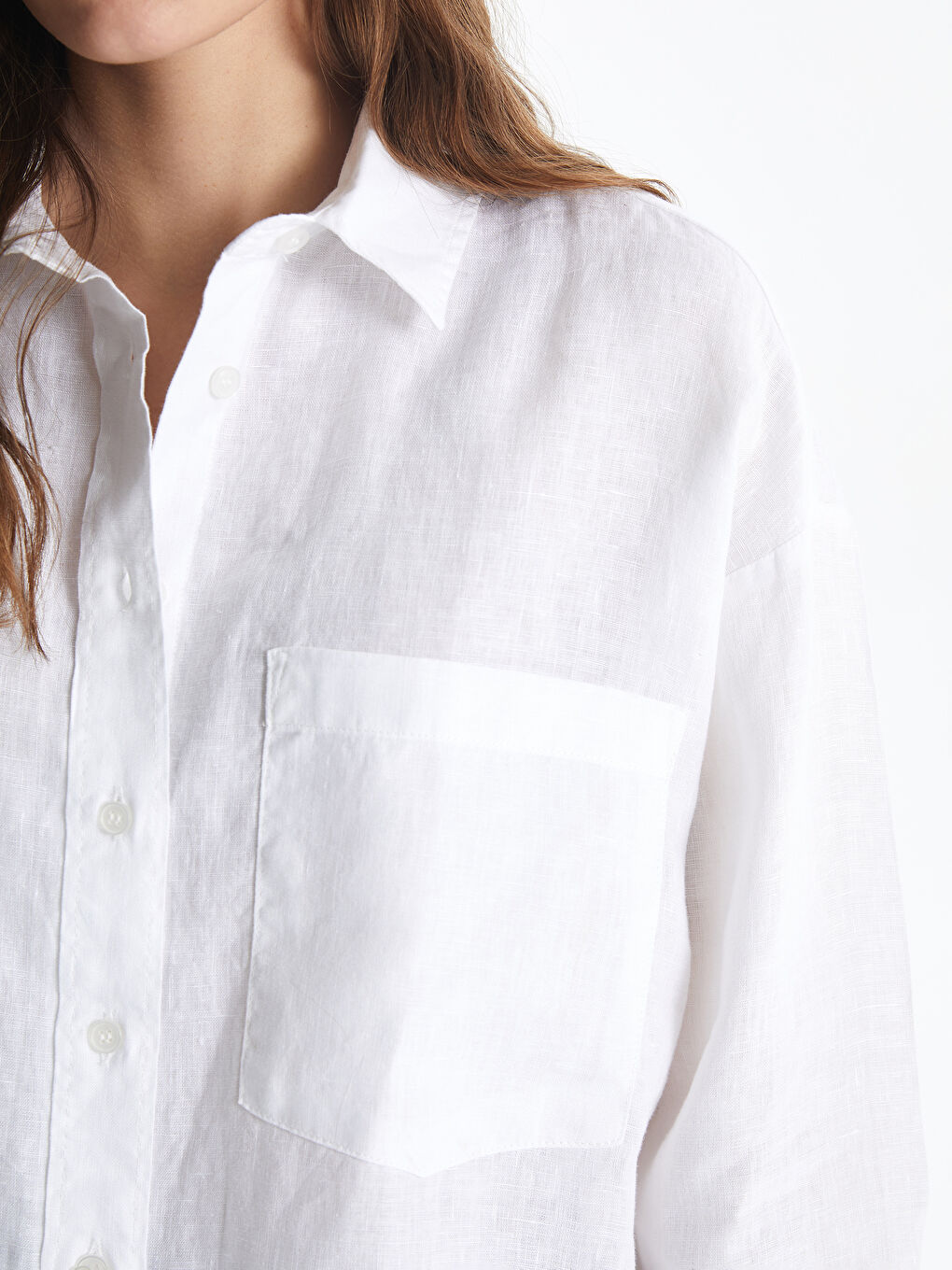 Beyaz Oversize %100 Keten Kadın Gömlek-2