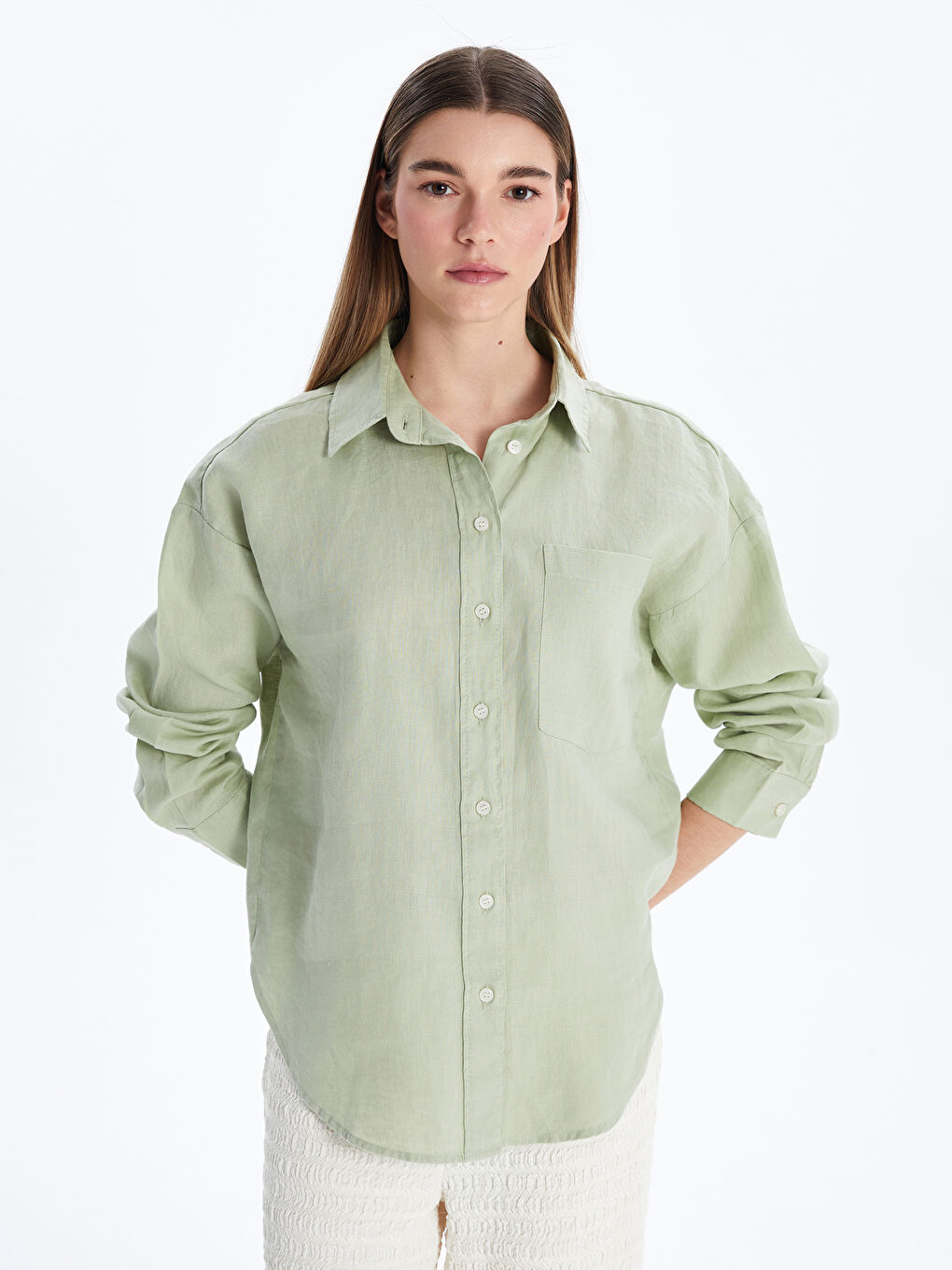 Haki Oversize %100 Keten Kadın Gömlek