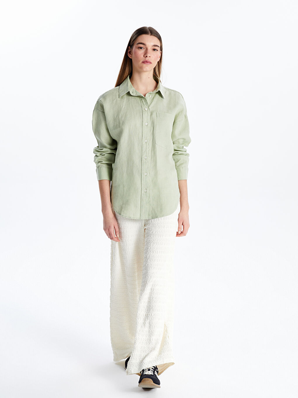 Haki Oversize %100 Keten Kadın Gömlek-1