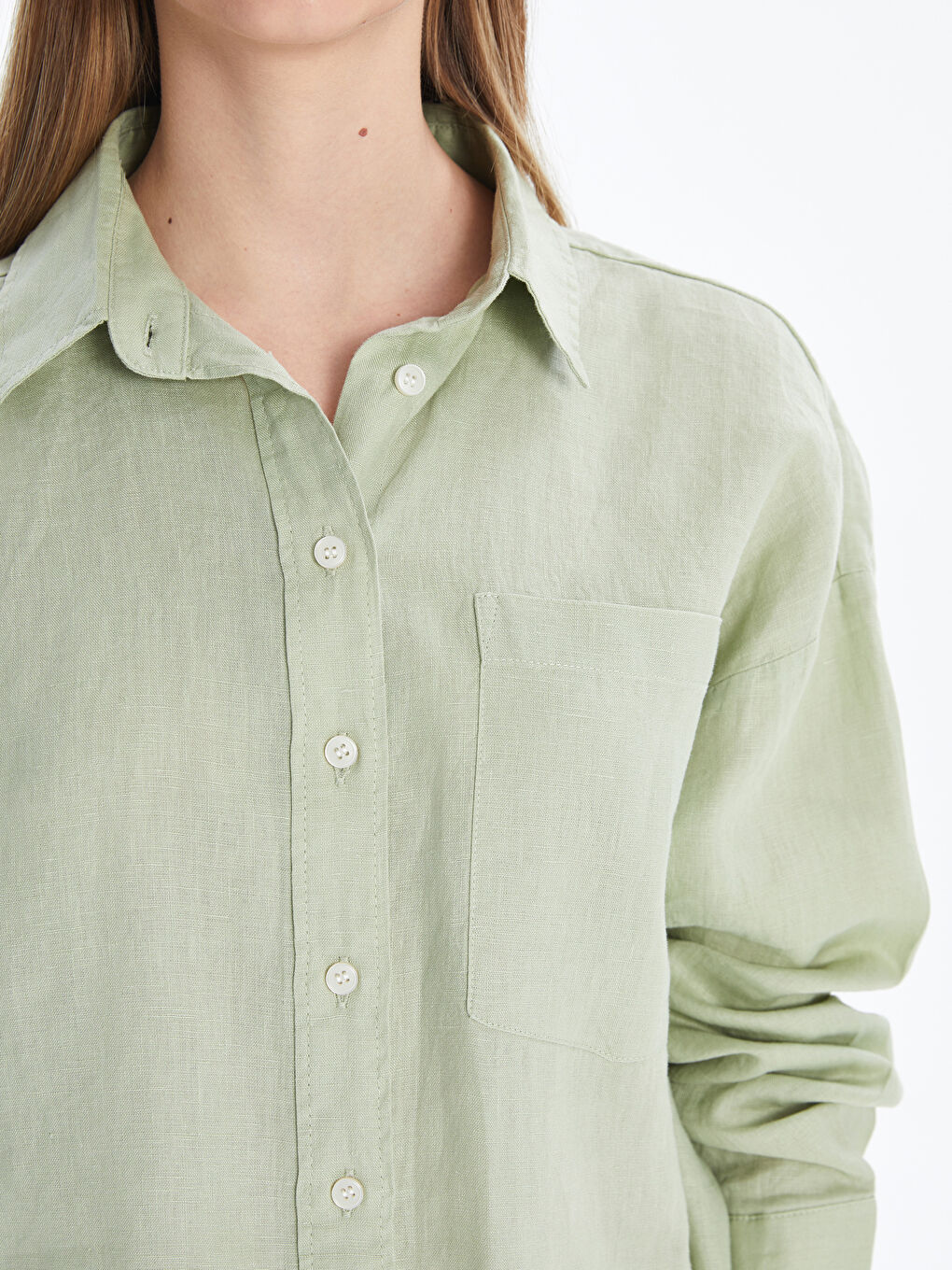 Haki Oversize %100 Keten Kadın Gömlek-2