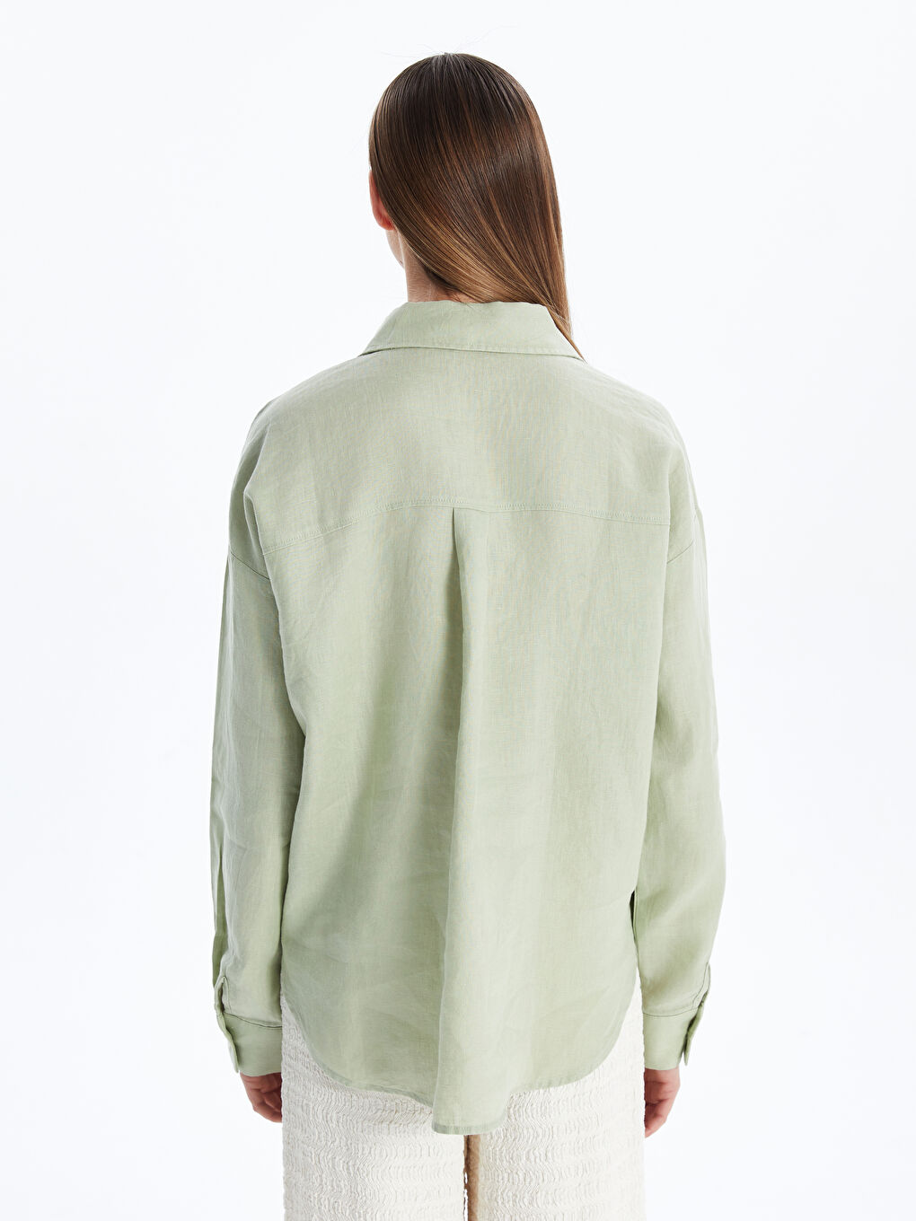 Haki Oversize %100 Keten Kadın Gömlek-3