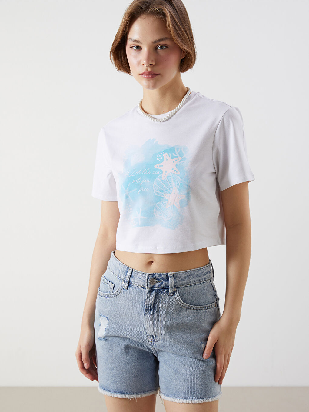 Crew Neck Printed Women's Crop Top -S5LT61Z8-Q6K