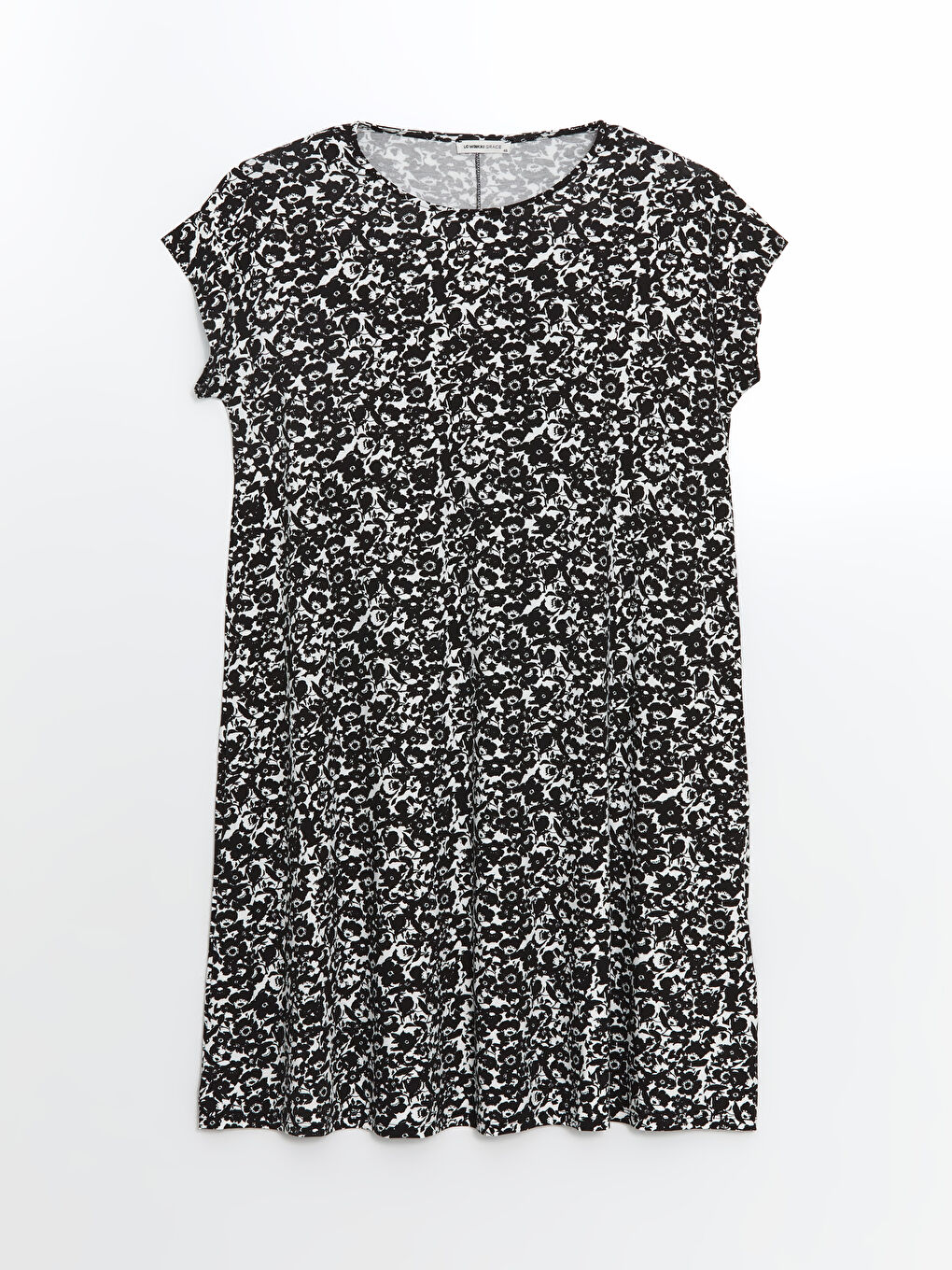 Siyah Büyük Beden Bisiklet Yaka Çiçekli Elbise-4