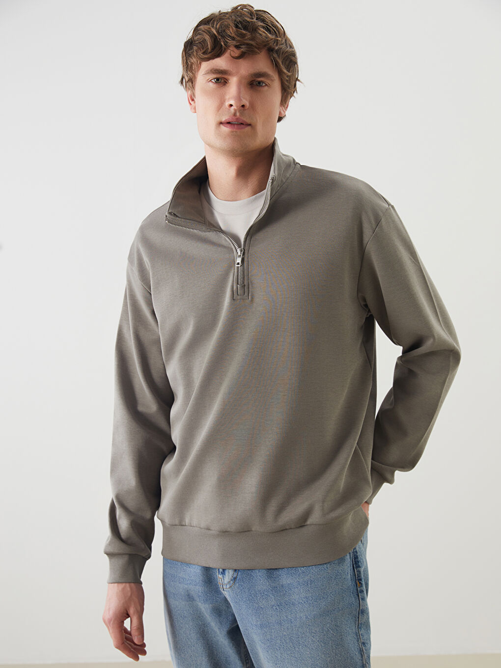 Yeşil Dik Yaka Erkek Sweatshirt-3