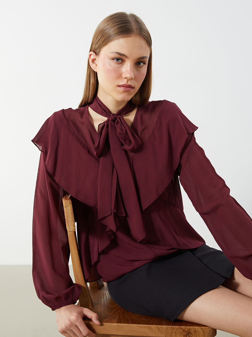 Tie Neck Women's Blouse -S5LU50Z8-DNF