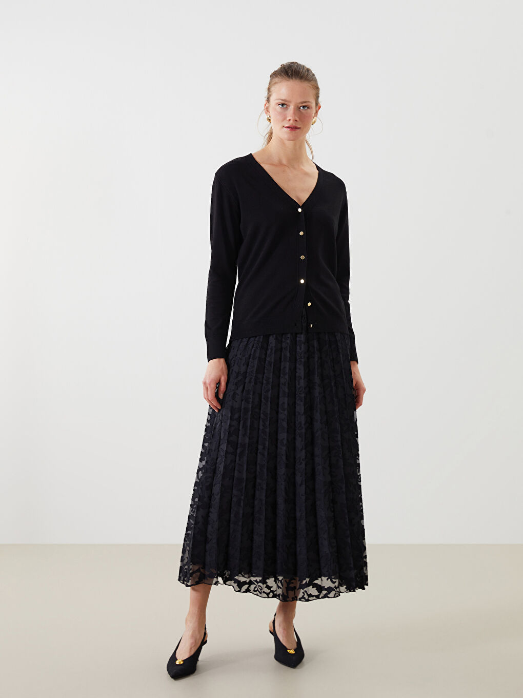 Siyah Beli Lastikli Desenli Şifon Kadın Pileli Etek