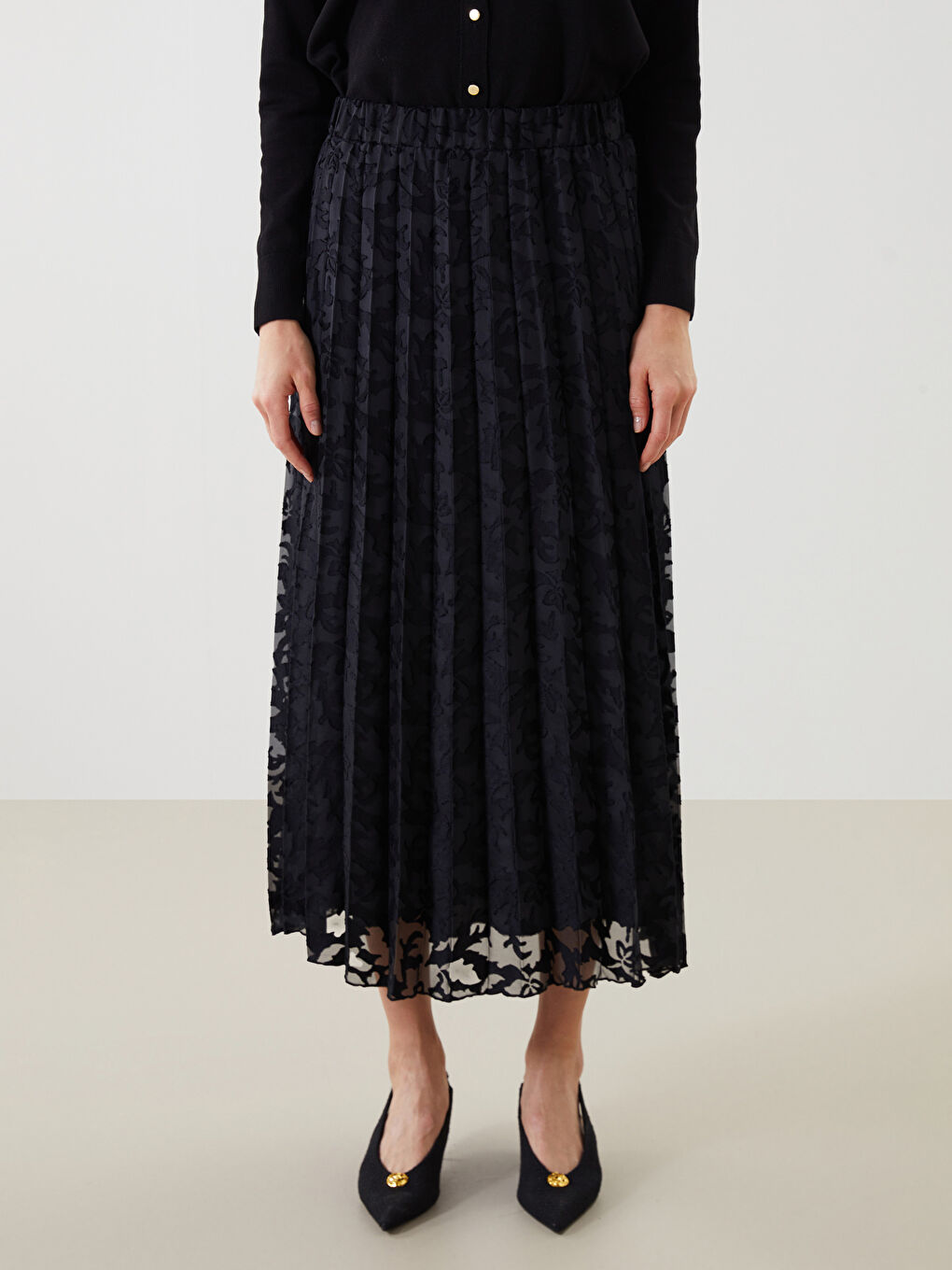 Siyah Beli Lastikli Desenli Şifon Kadın Pileli Etek-1