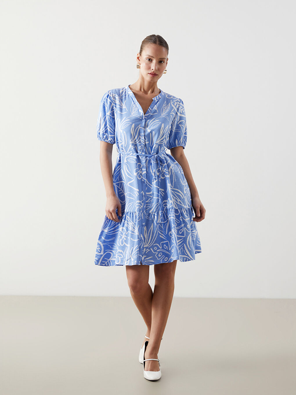 Mavi Kaçık Yaka Desenli Mini Gömlek Elbise