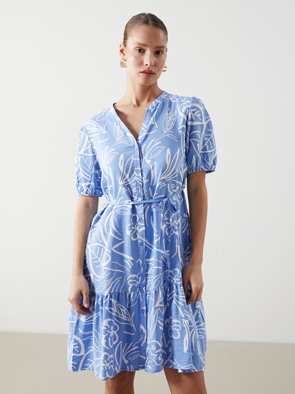 Mavi Kaçık Yaka Desenli Mini Gömlek Elbise-1