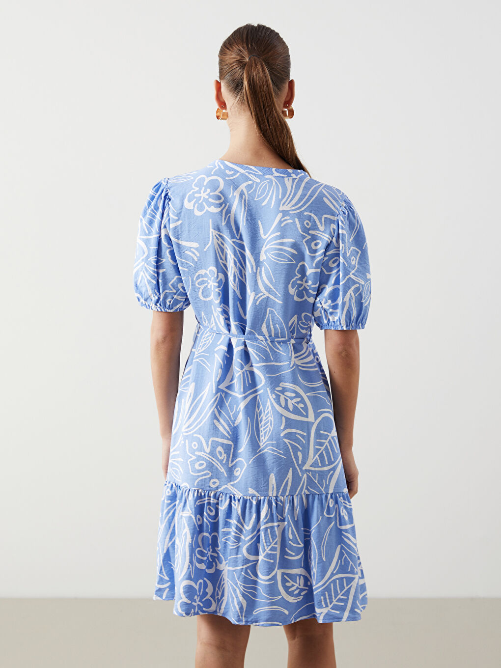 Mavi Kaçık Yaka Desenli Mini Gömlek Elbise-3