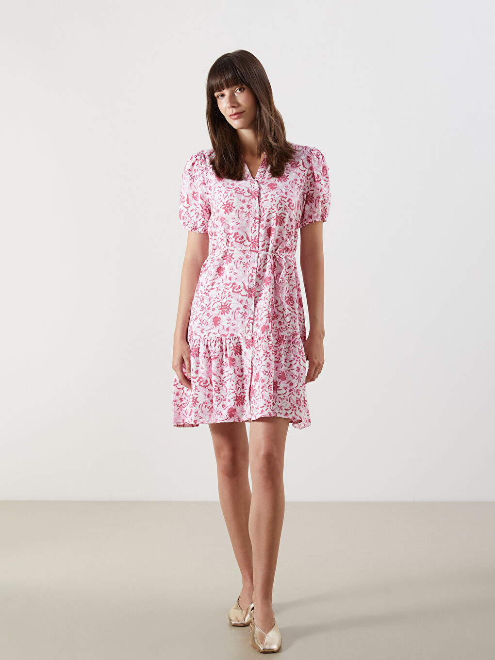 Pembe Kaçık Yaka Desenli Mini Gömlek Elbise