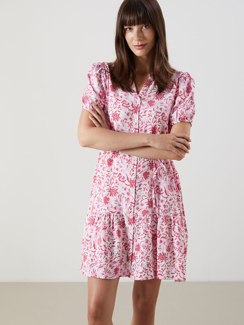 Pembe Kaçık Yaka Desenli Mini Gömlek Elbise-1