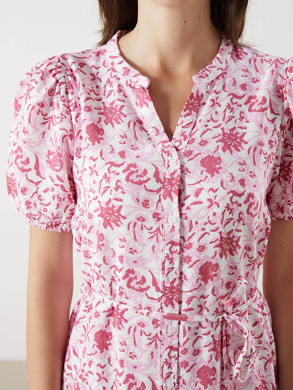 Pembe Kaçık Yaka Desenli Mini Gömlek Elbise-2