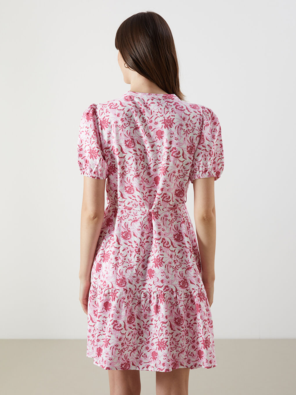 Pembe Kaçık Yaka Desenli Mini Gömlek Elbise-3