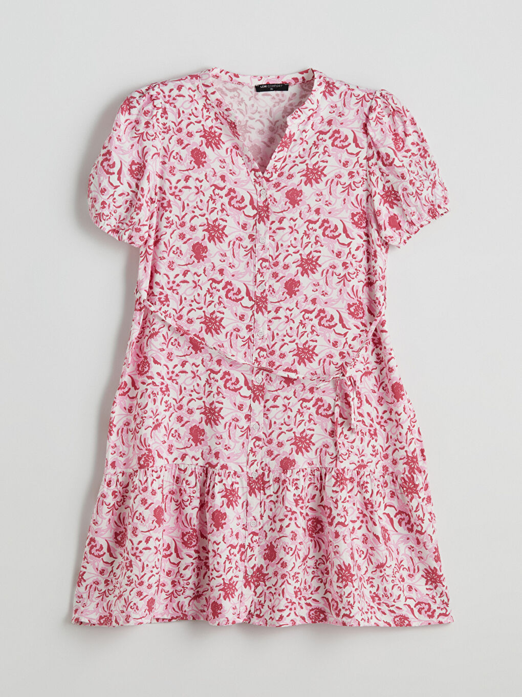 Pembe Kaçık Yaka Desenli Mini Gömlek Elbise-4