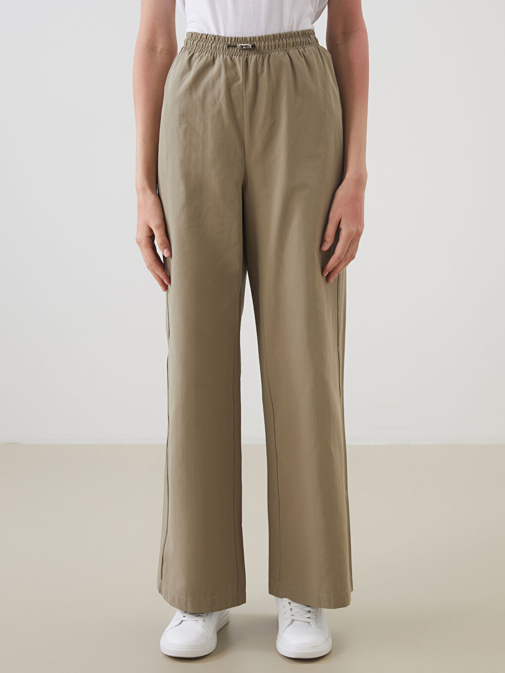 Haki Beli Lastikli Poplin Kadın Pantolon-1