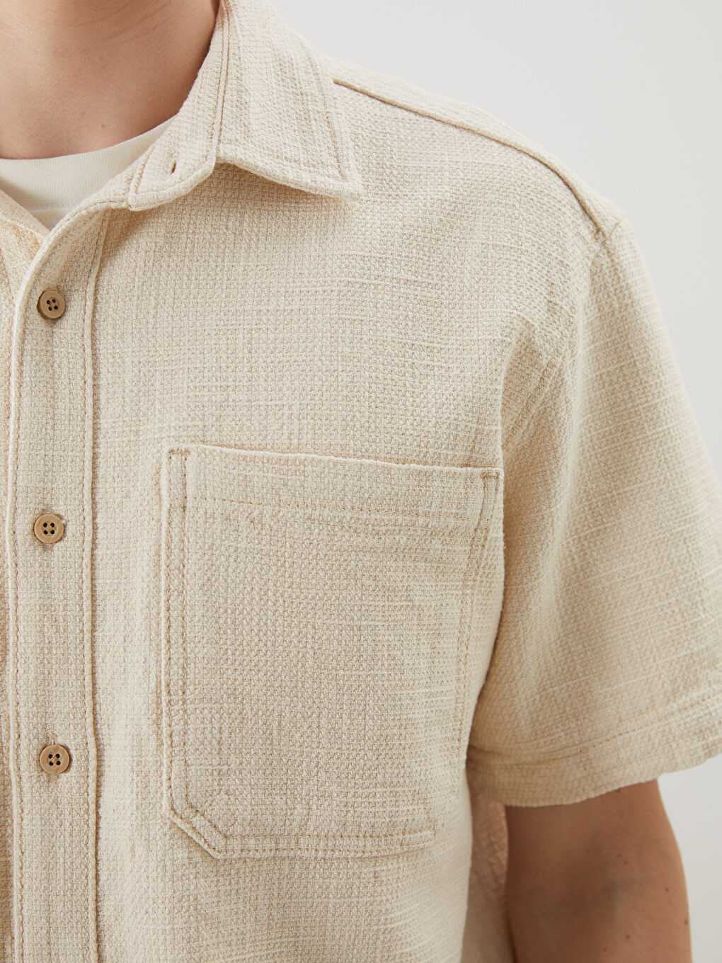 Bej Rahat Kalıp Kısa Kollu Erkek Jean Gömlek-2