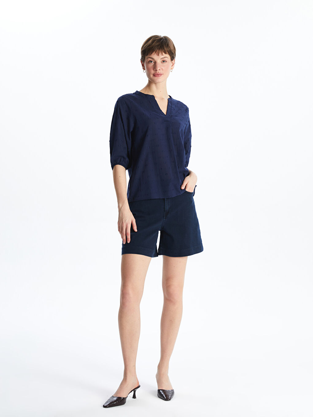 Notch Neck Textured Balloon Sleeve Women's Blouse-1