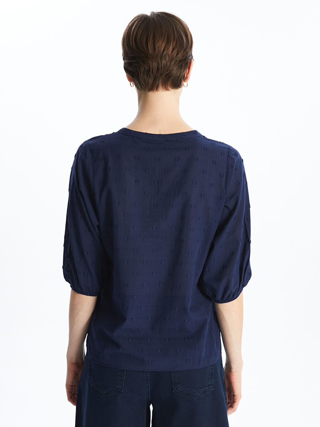 Notch Neck Textured Balloon Sleeve Women's Blouse-3