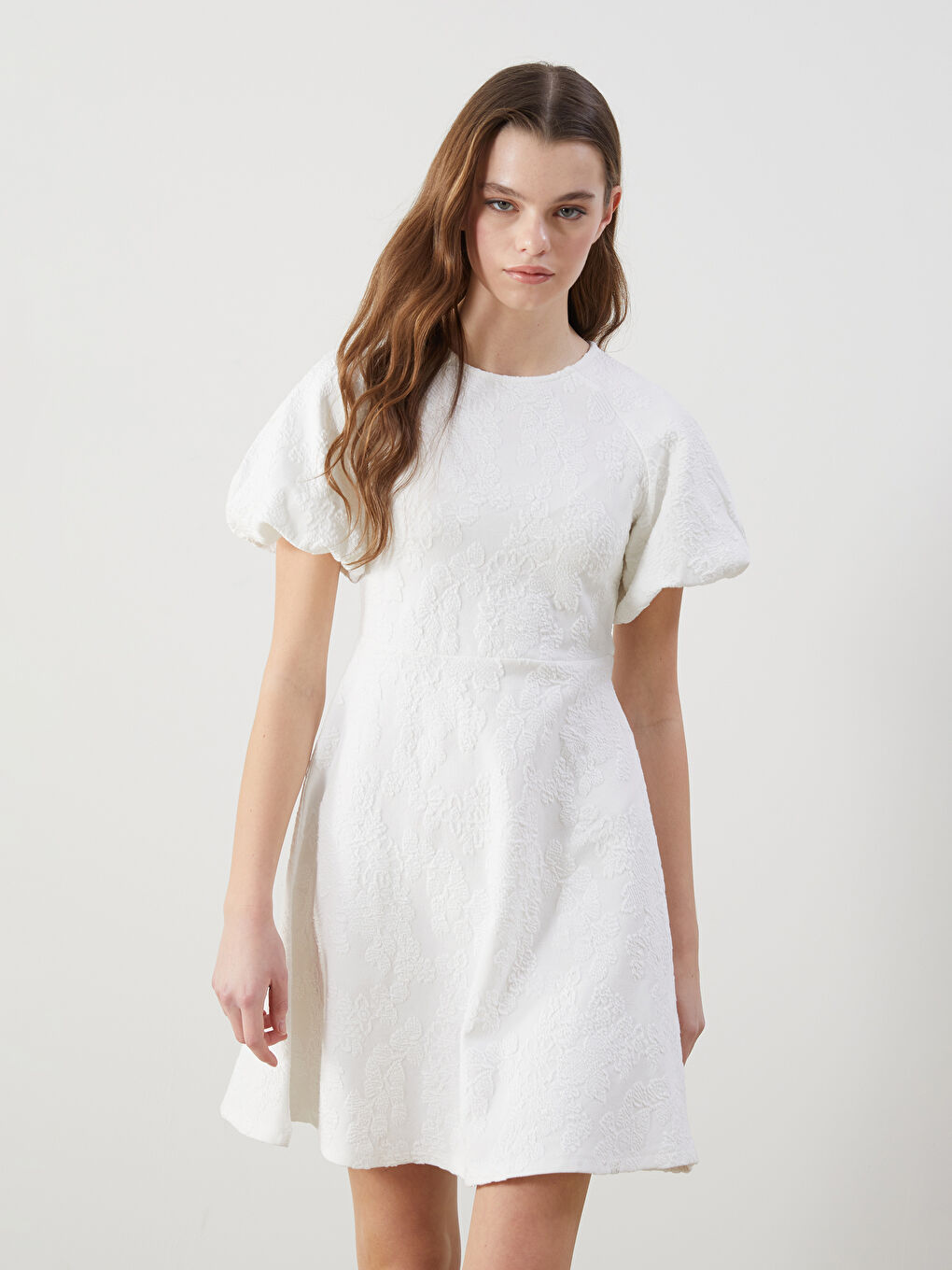 XSIDE Crew Neck Patterned Balloon Sleeve Women's Dress -S5LV80Z8-R9J
