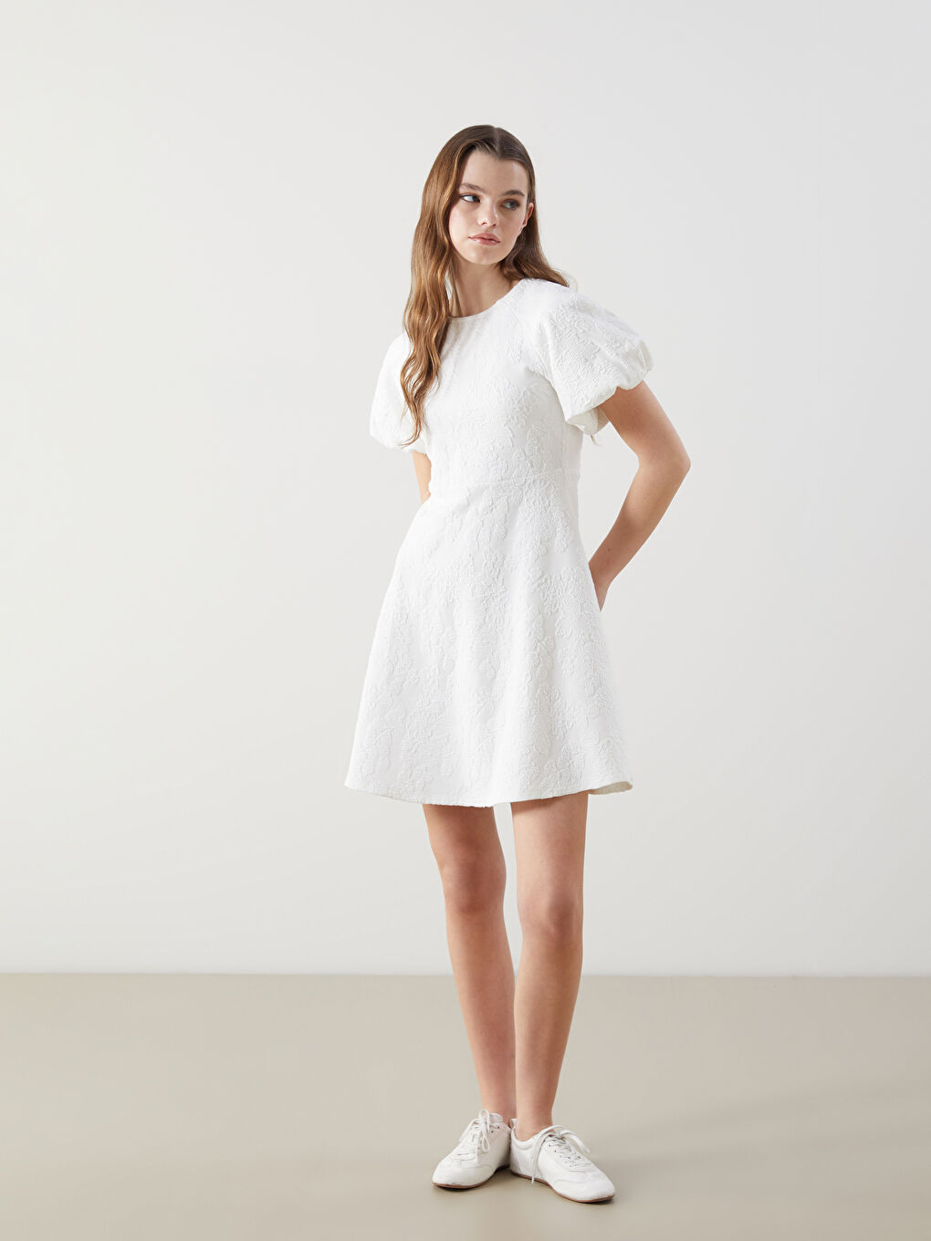 XSIDE Crew Neck Patterned Balloon Sleeve Women's Dress -S5LV80Z8-R9J