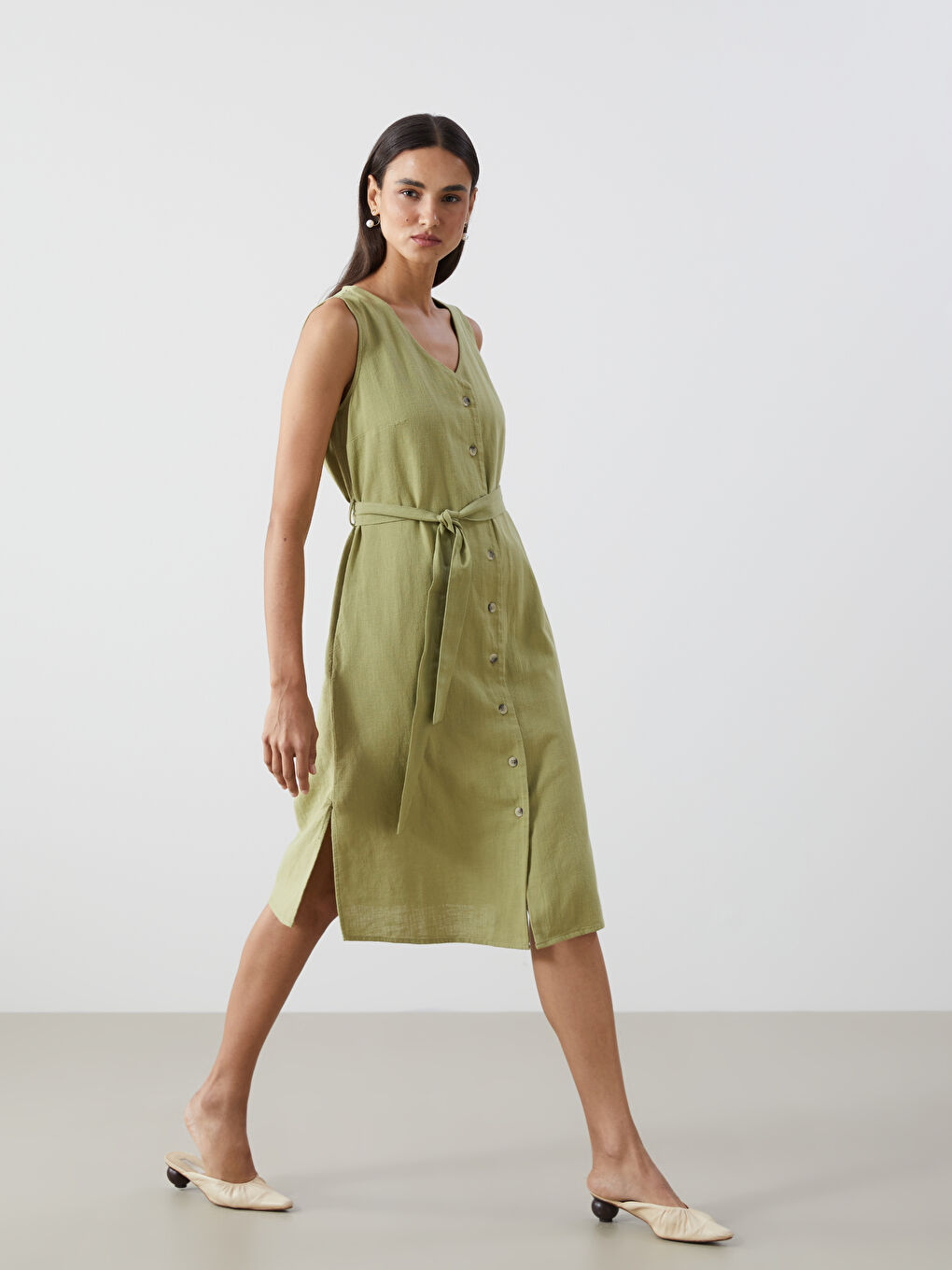 Haki V Yaka Poplin Kadın Elbise