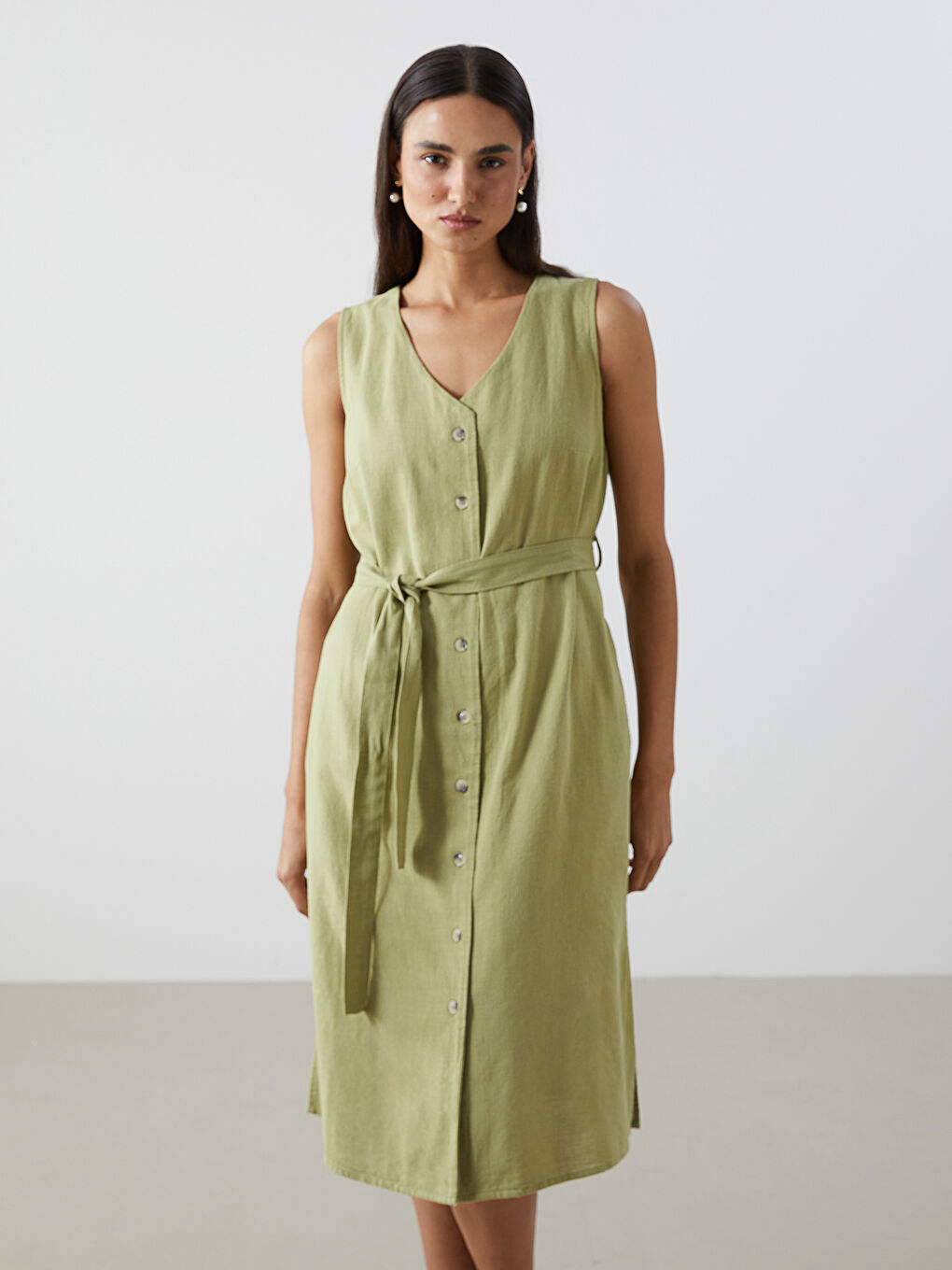 Haki V Yaka Poplin Kadın Elbise-1