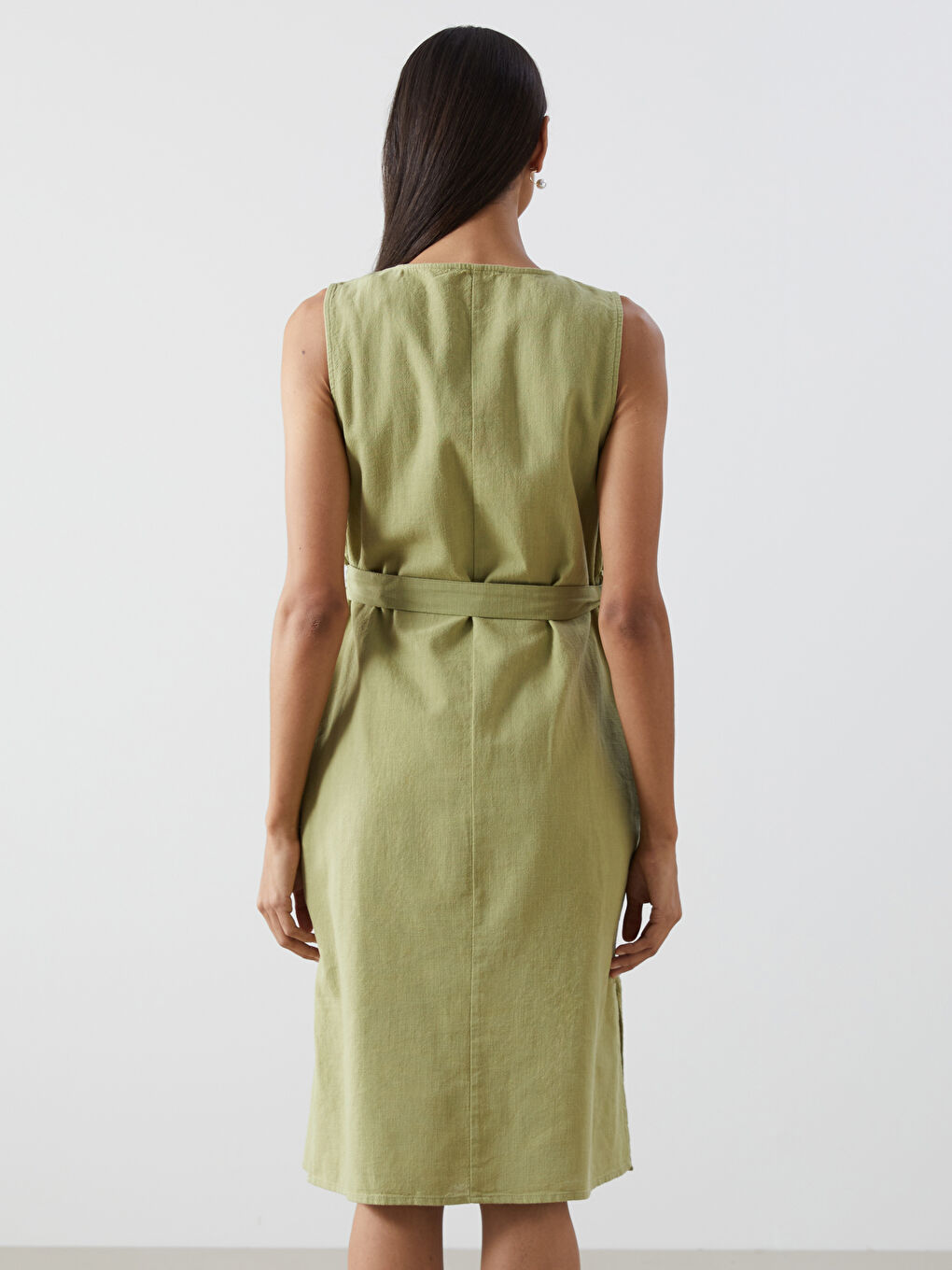 Haki V Yaka Poplin Kadın Elbise-3