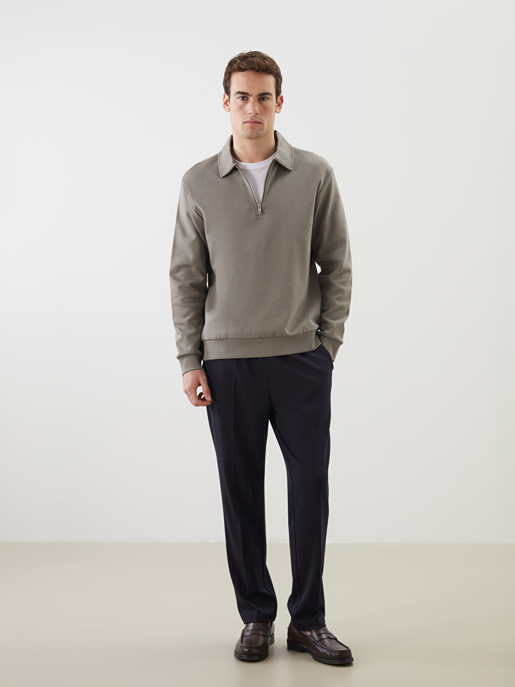 Yeşil Polo Yaka Uzun Kollu Erkek Sweatshirt-1