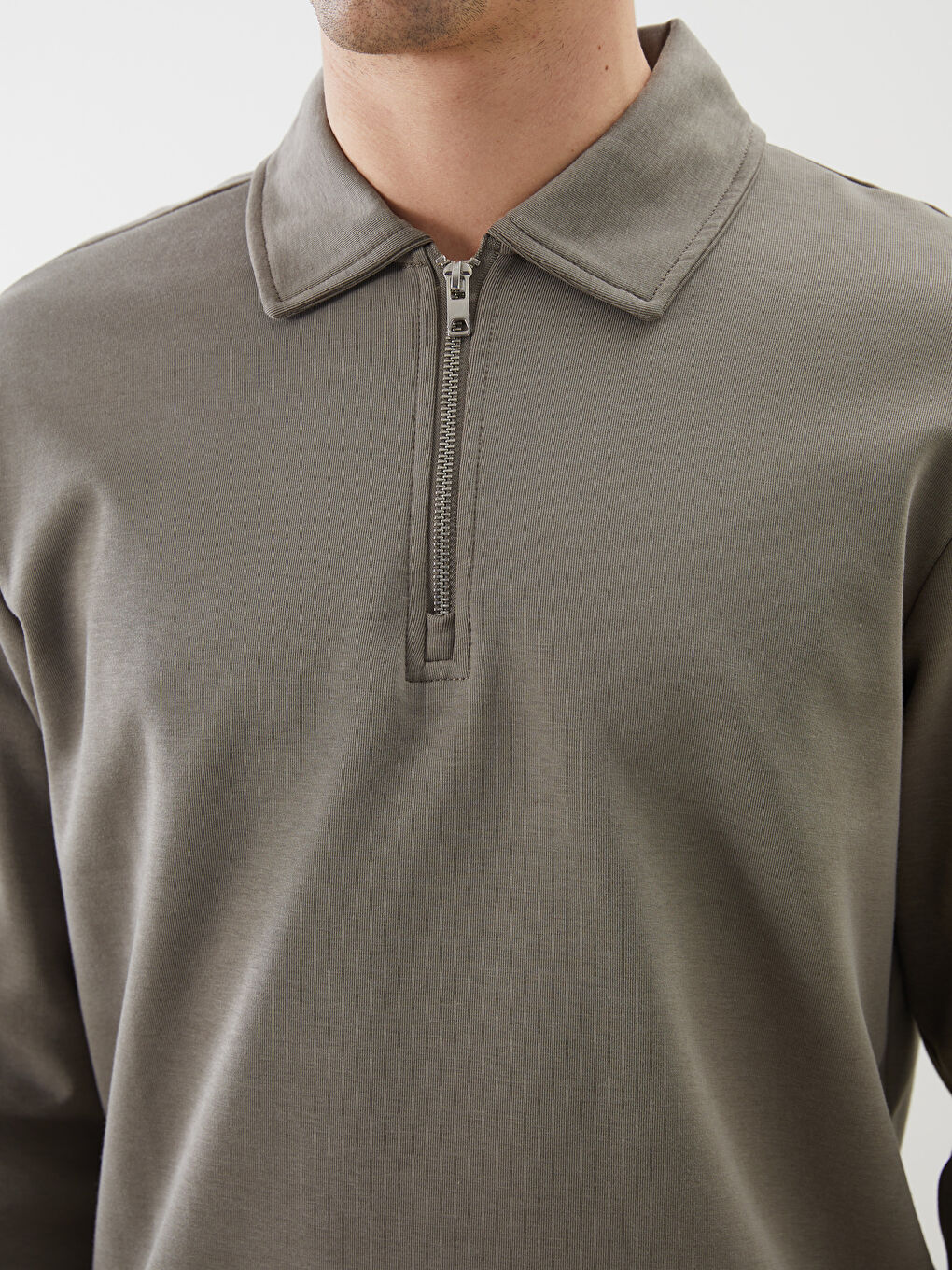 Yeşil Polo Yaka Uzun Kollu Erkek Sweatshirt-2