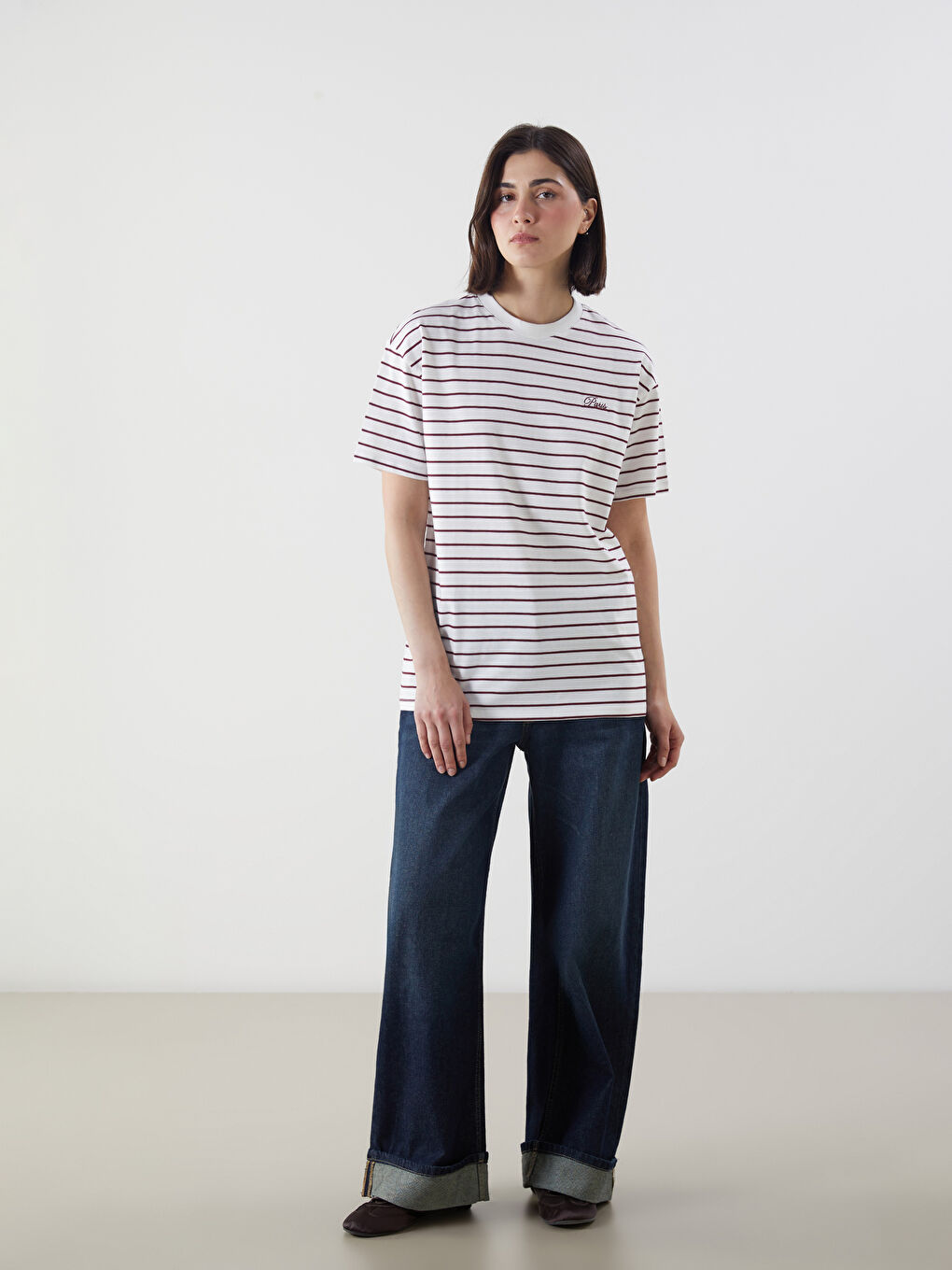 Bordo Bisiklet Yaka Çizgili Kadın Tunik-1