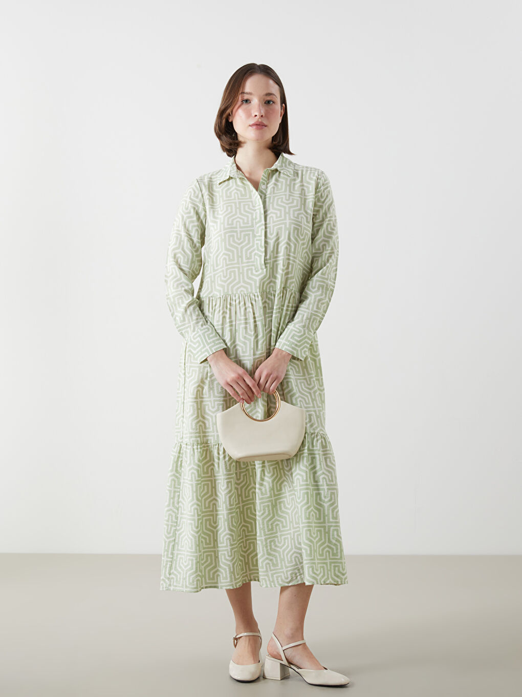 Collared Neck Patterned A Form Women's Dress -S5LY43Z8-LRR