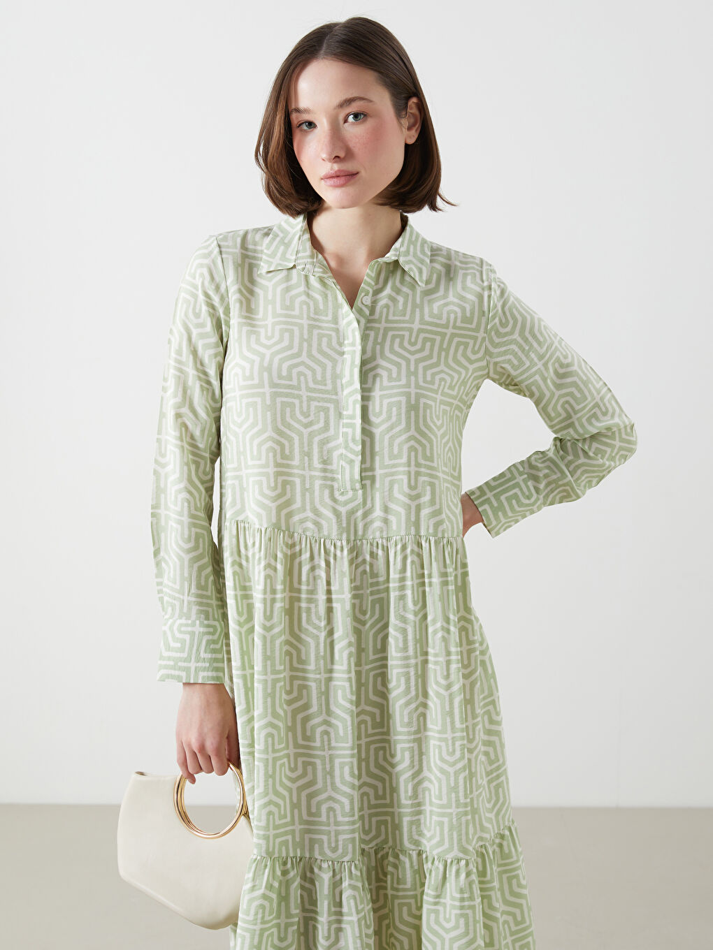 Collared Neck Patterned A Form Women's Dress -S5LY43Z8-LRR