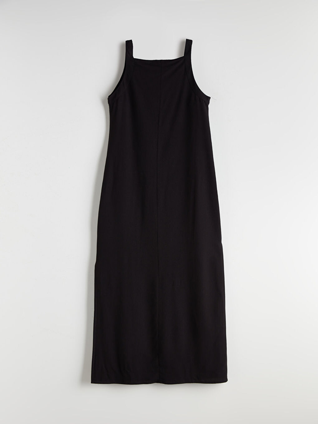 Siyah Kare Yaka  A Kesim Keten Karışımlı Elbise-5