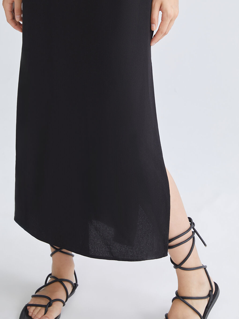 Siyah Kare Yaka  A Kesim Keten Karışımlı Elbise-2