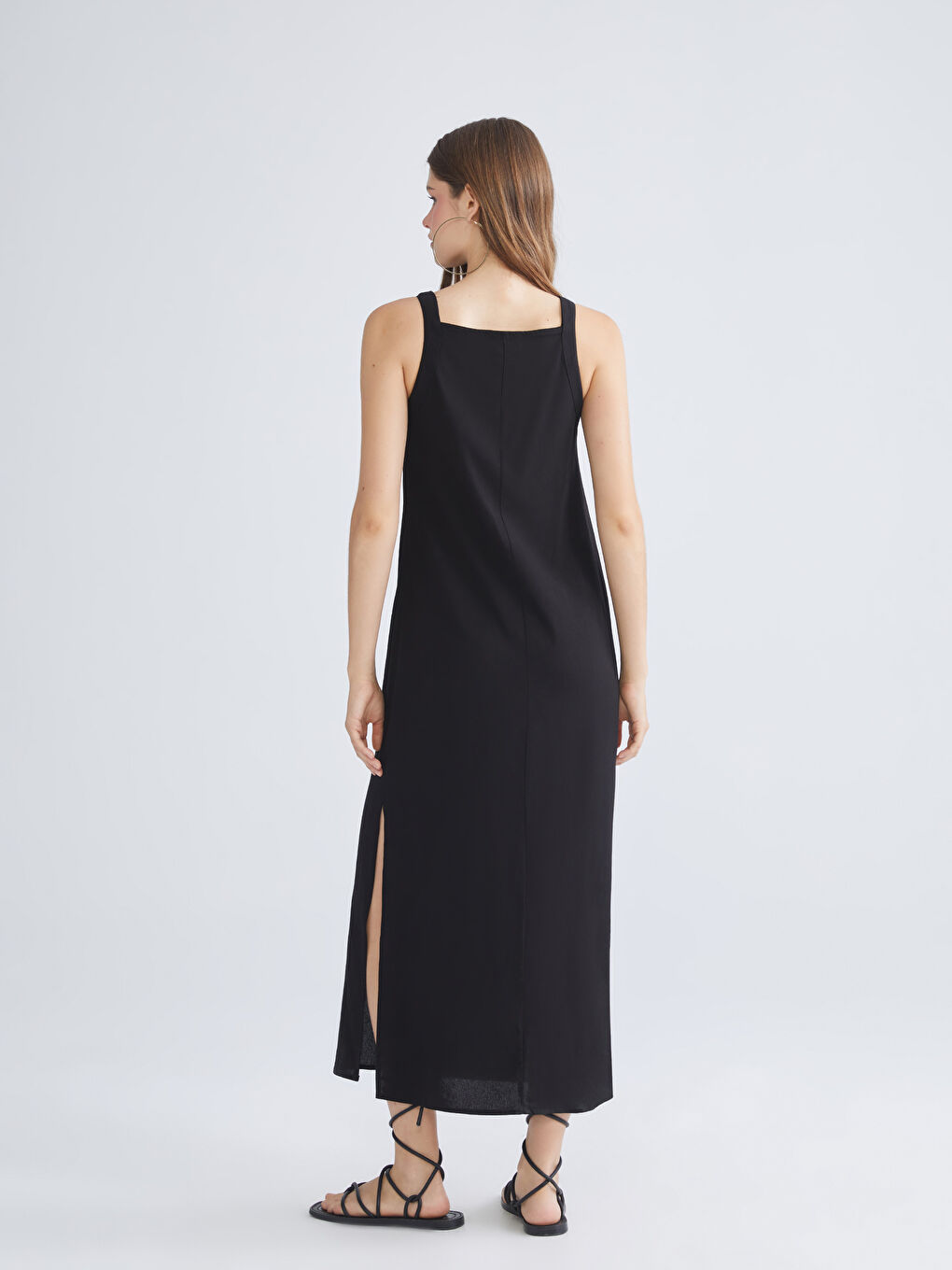 Siyah Kare Yaka  A Kesim Keten Karışımlı Elbise-3