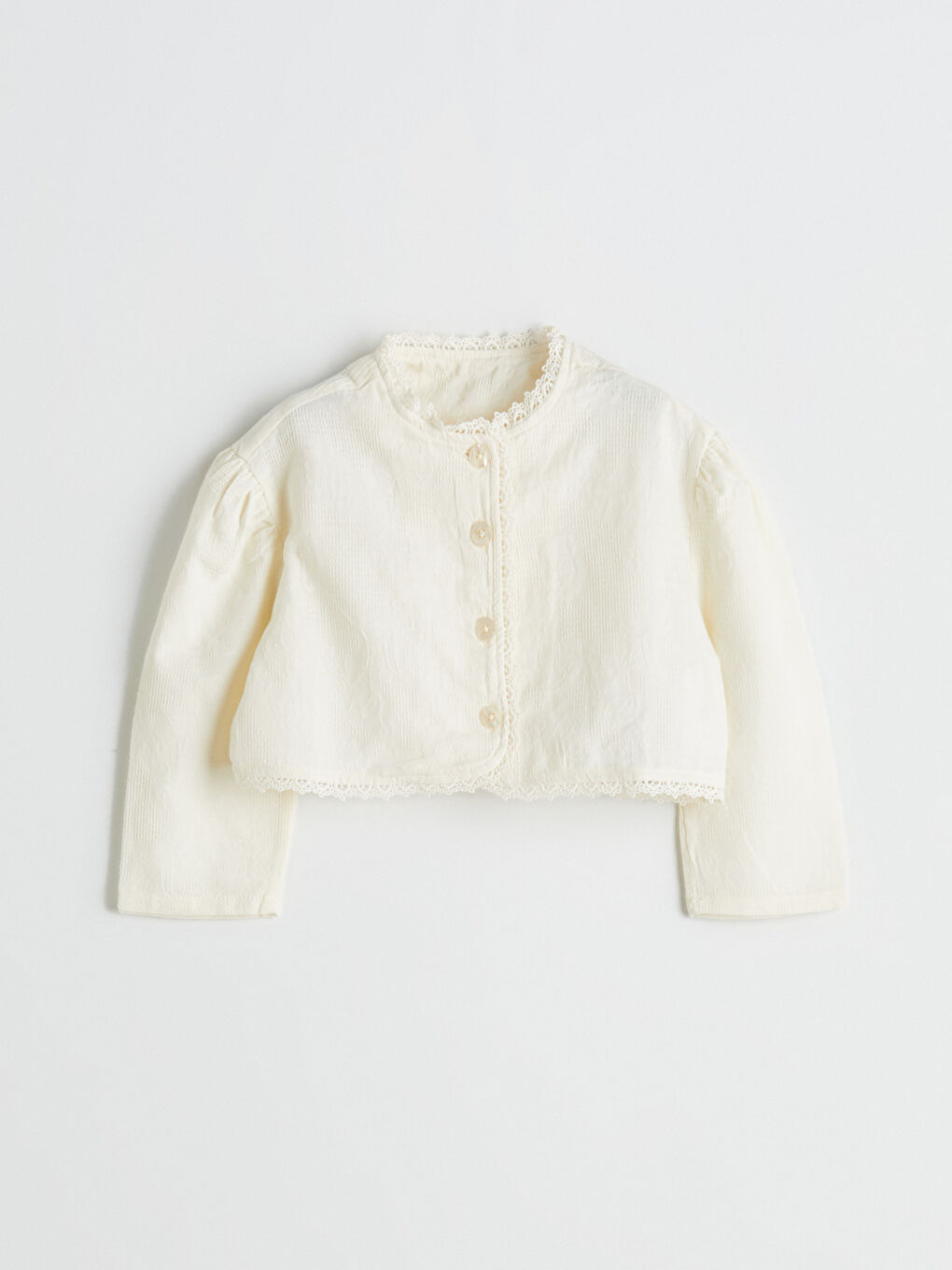 Ekru Bisiklet Yaka Kız Çocuk Nakışlı Hırka