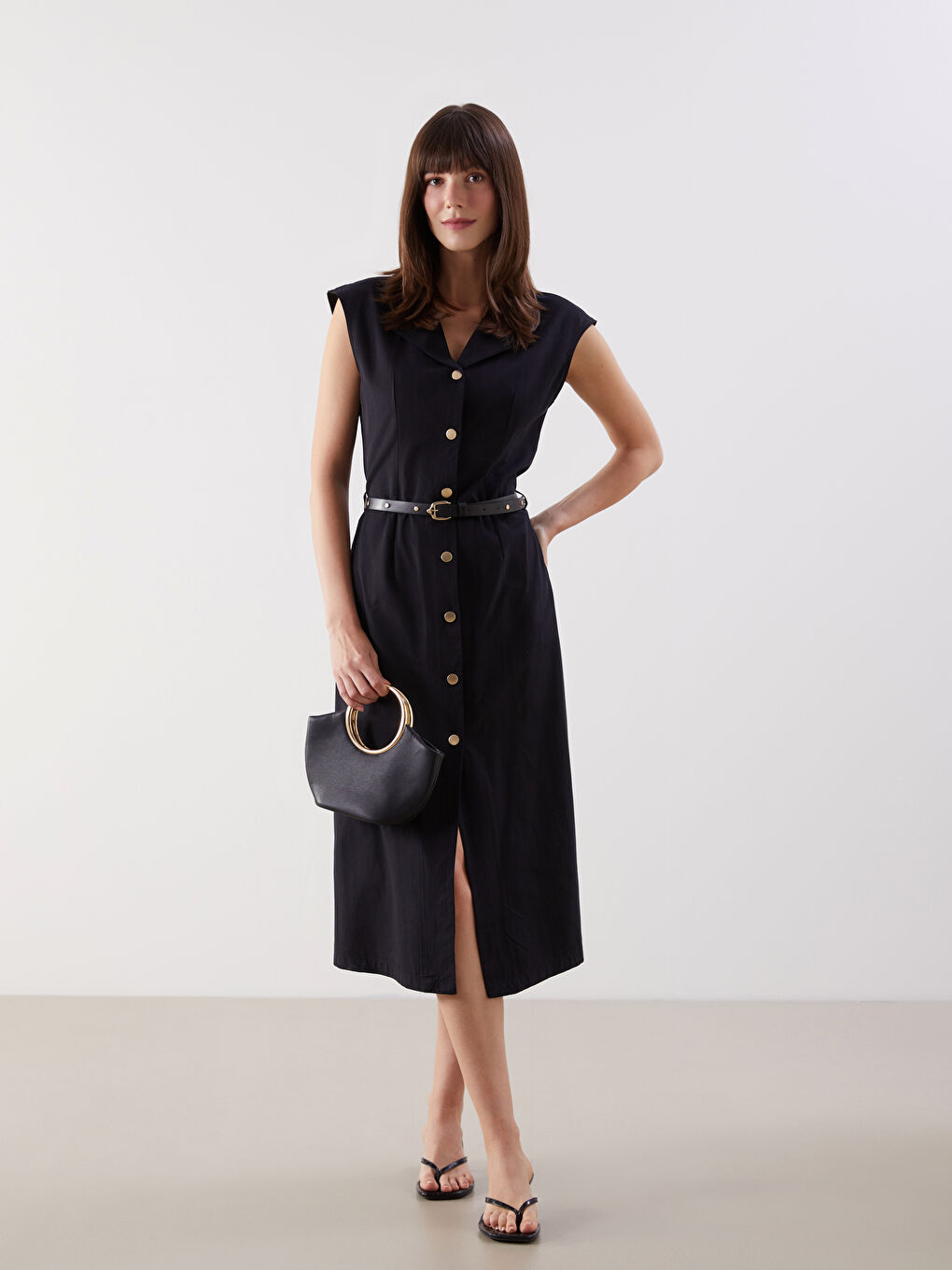 Siyah Beli Kemerli Gömlek Elbise