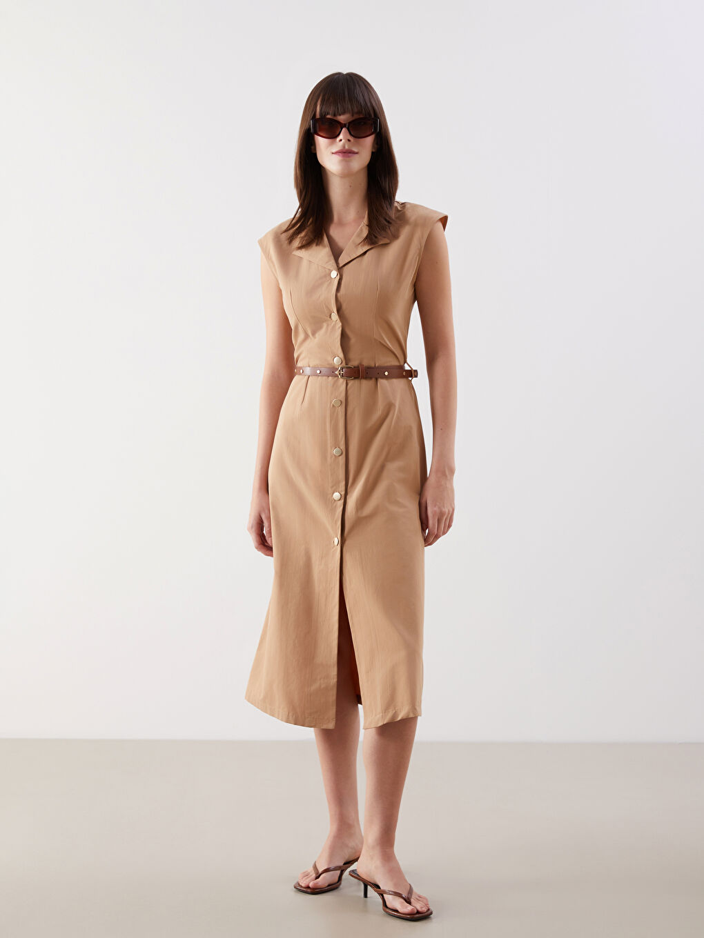 Bej Beli Kemerli Gömlek Elbise-1